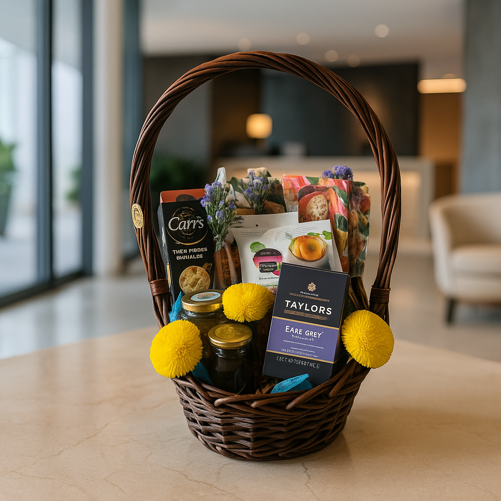 Gourmet Welcome Basket – Tea, Treats & Floral Touch