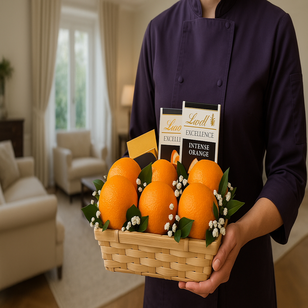 Citrus Touch – Canasta de Naranjas y Chocolate Elegante