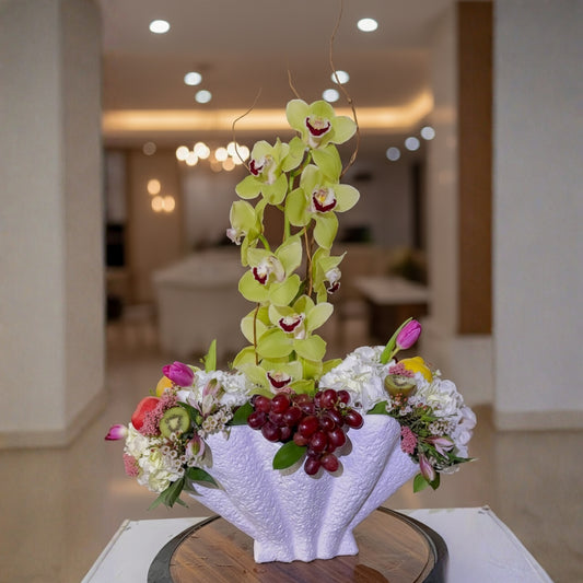 Shell Freshness – Floral & Fruit Arrangement with Orchids