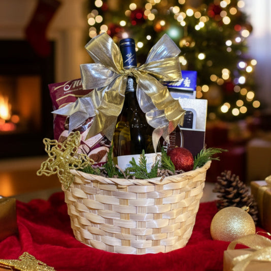 Holiday Radiance Delight – Basket with Wine, Chocolates & Cookies