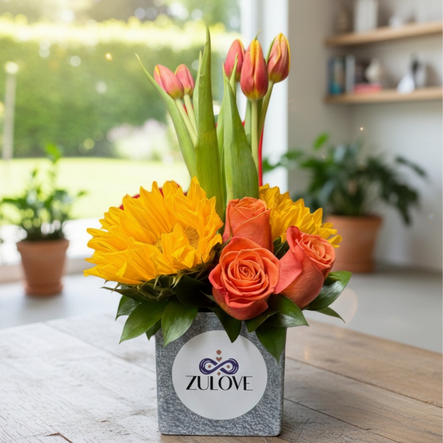 Sublime Touch 2 – Tulips, Roses & Sunflower in Elegant Cube