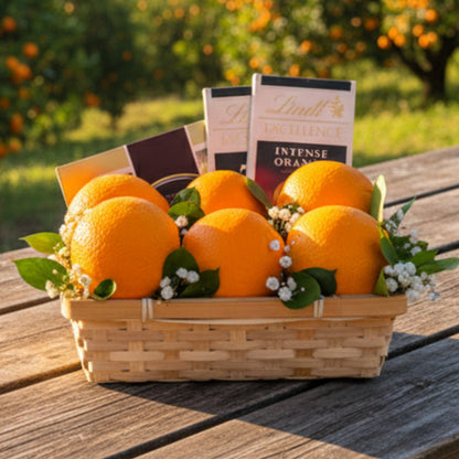 Citrus Touch – Canasta de Naranjas y Chocolate Elegante