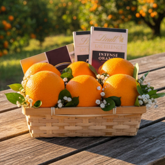 Citrus Touch – Canasta de Naranjas y Chocolate Elegante