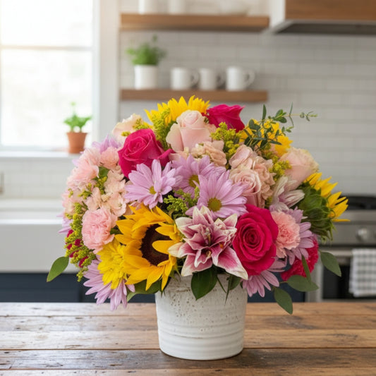 Burst of Joy – Multicolor Floral Arrangement in White Base