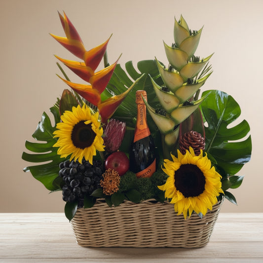 Brindis Tropical – Canasta con Flores, Frutas y Espumoso