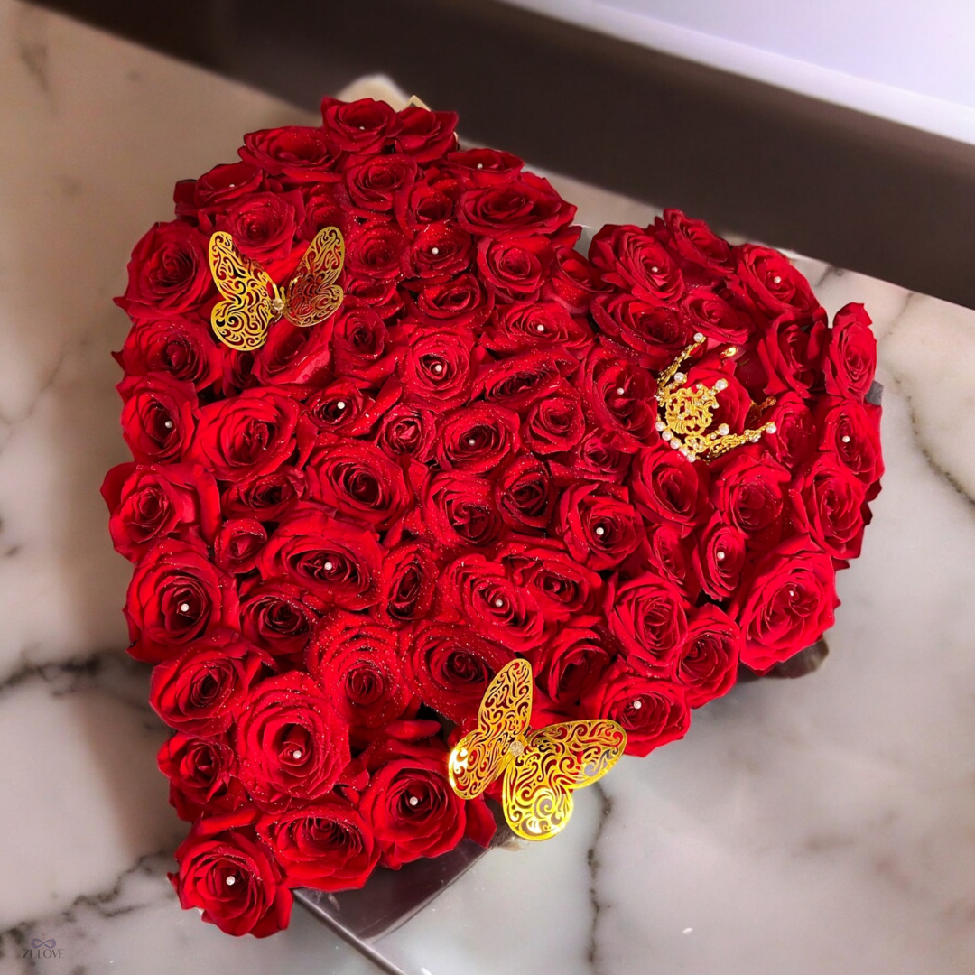 Empress Heart – Roses with Butterfly & Crown (Majestic Floral Gift)