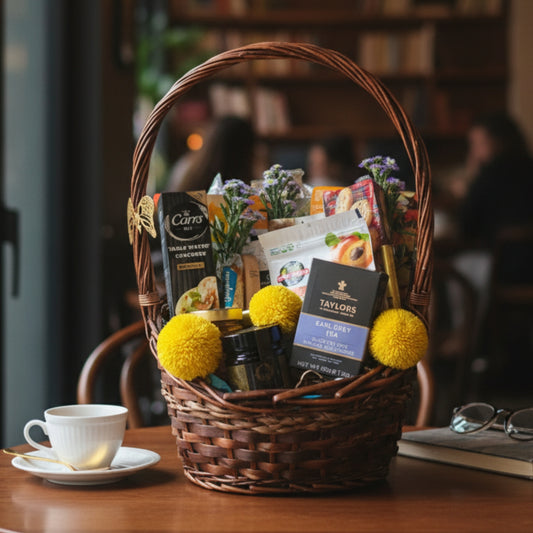 Canasta de Bienvenida Gourmet – Té, Snacks y Toque Floral