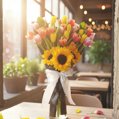Tulips & Sun – Vibrant Bouquet of Sunflowers and Tulips