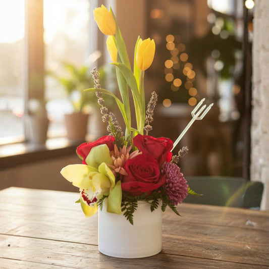 Office Breeze – Floral Arrangement with Tulips, Roses & Orchid