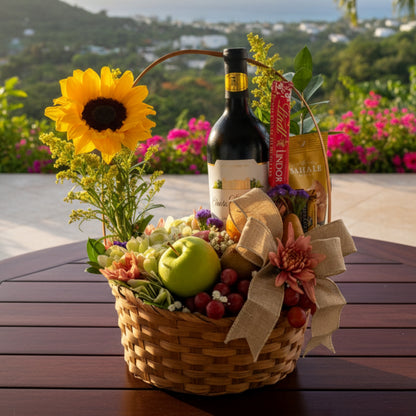 Charming Harvest – Basket with Wine, Fruits & Flowers