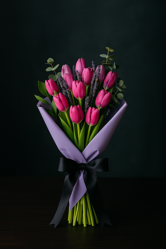 Amour Infini Violet Pink – Tulips with Lavender and Eucalyptus