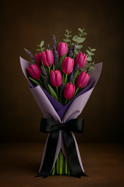 Amour Infini Violet Pink – Tulips with Lavender and Eucalyptus