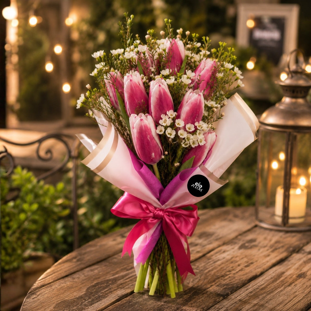 pink tulip wax flowers bouquet puerto rico elegant
