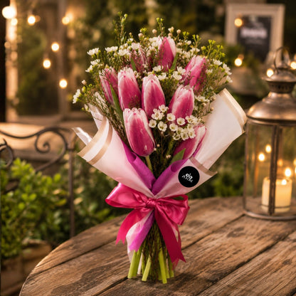 pink tulip wax flowers bouquet puerto rico elegant

