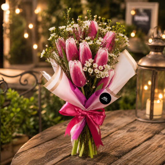 pink tulip wax flowers bouquet puerto rico elegant
