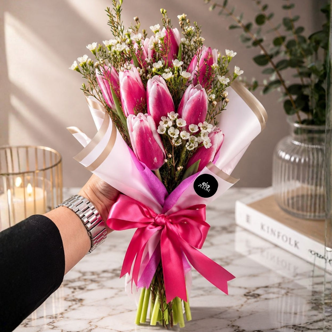 pink tulip wax flowers bouquet puerto rico elegant
