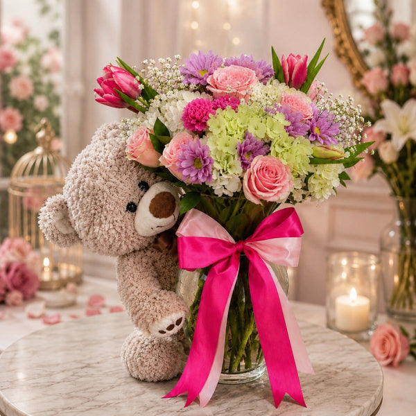 new baby flower arrangement with teddy bear tulips and hydrangeas puerto rico
