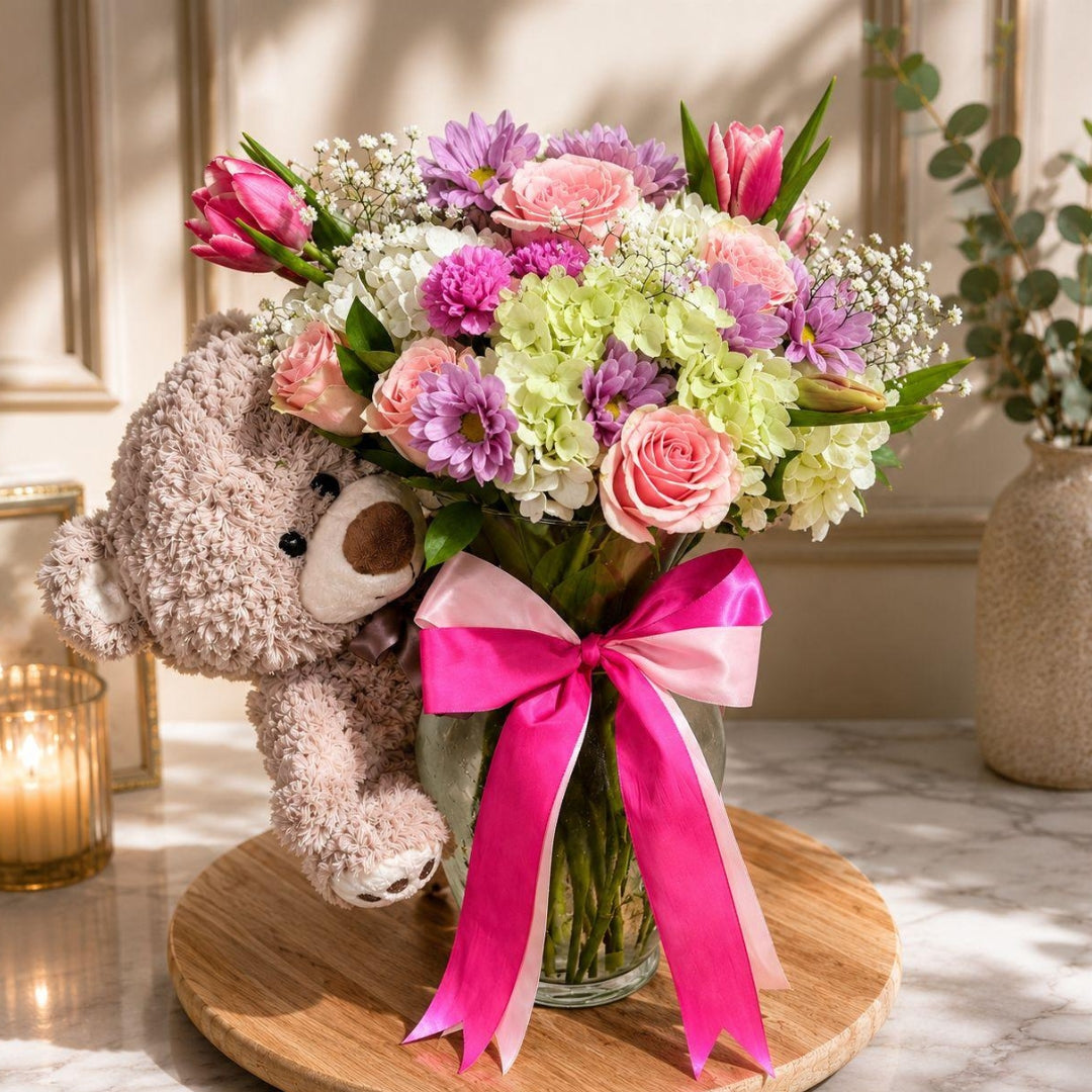 new baby flower arrangement with teddy bear tulips and hydrangeas puerto rico
