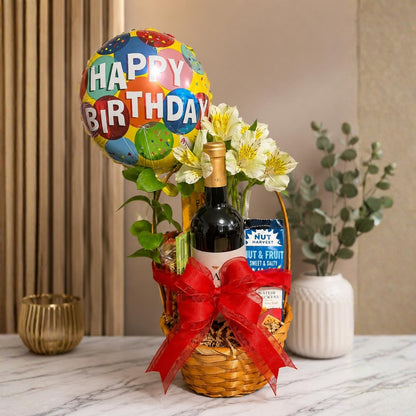Birthday Spark Essence – Canasta de Cumpleaños con Vino y Flores