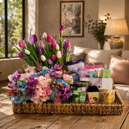 canasta spa floral con tulipanes hortensias velas y productos de spa puerto rico