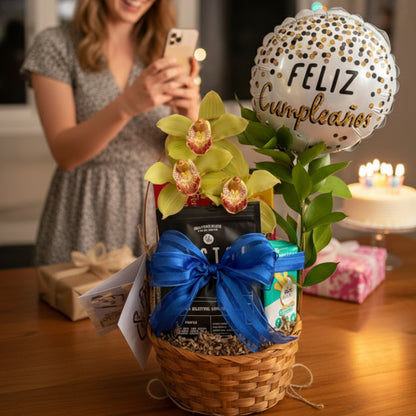 canasta regalo con cafe gourmet orquidea galletas nueces zulove puerto rico