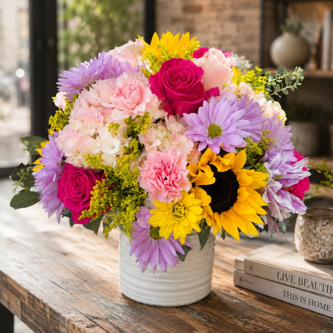 Burst of Joy – Multicolor Floral Arrangement in White Base