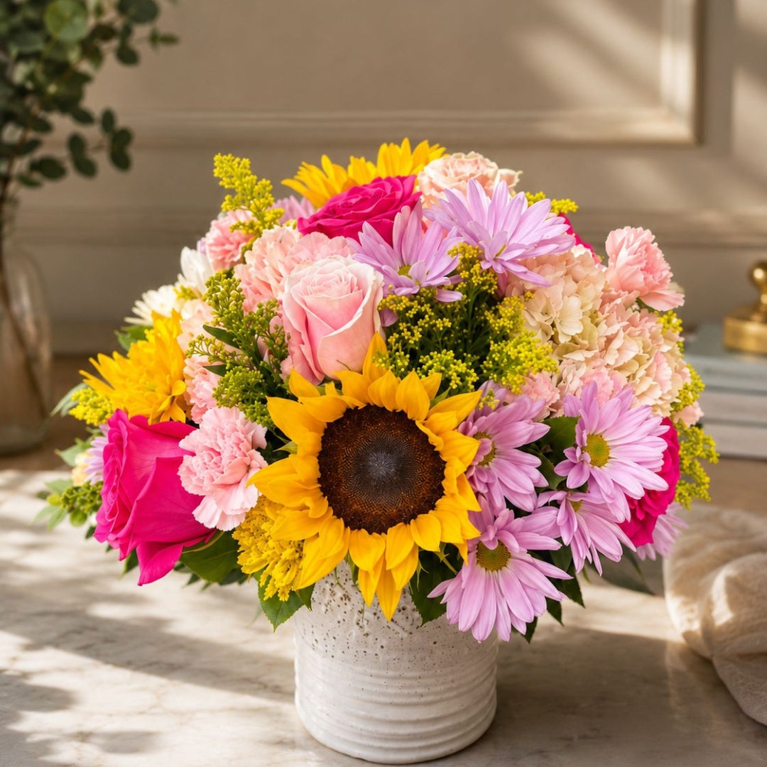 Burst of Joy – Multicolor Floral Arrangement in White Base