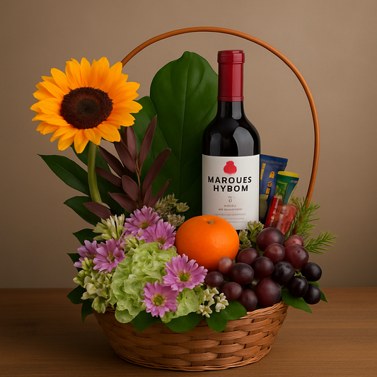 Charming Harvest – Basket with Wine, Fruits & Flowers
