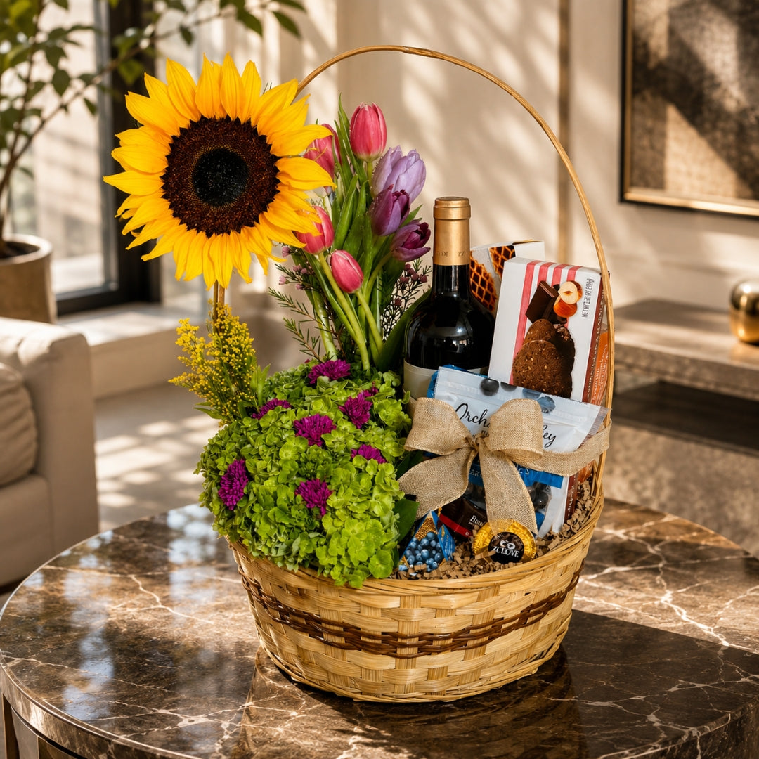 wine chocolate floral basket puerto rico elegant
