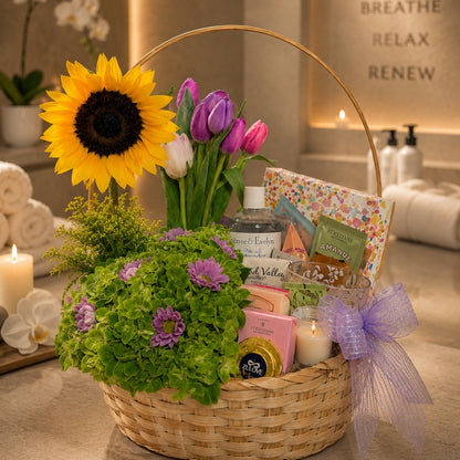 canasta floral spa y chocolate con girasol tulipanes y productos de autocuidado puerto rico
