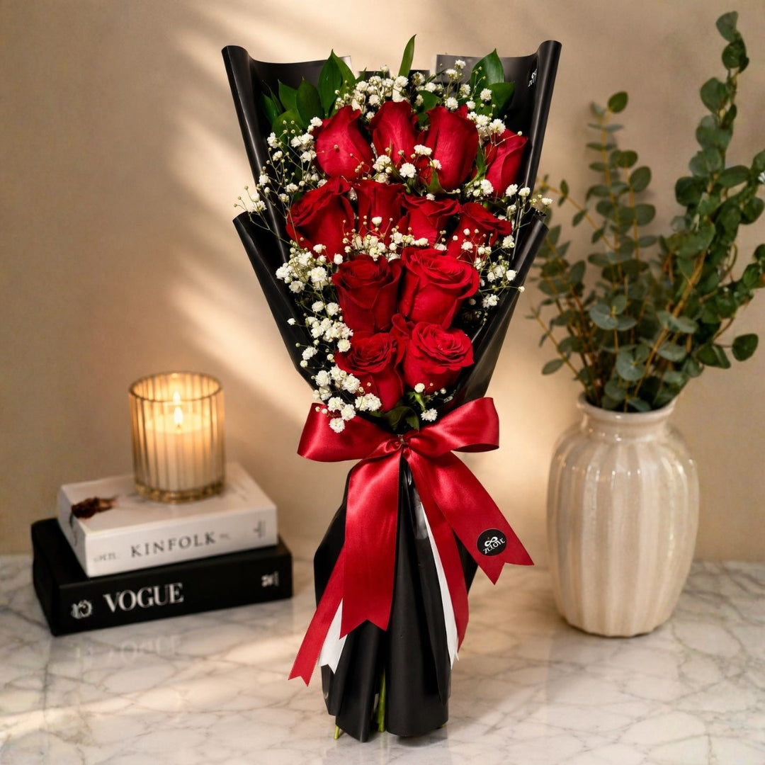 Charming Gesture - Classic Red Roses & Baby’s Breath Bouquet