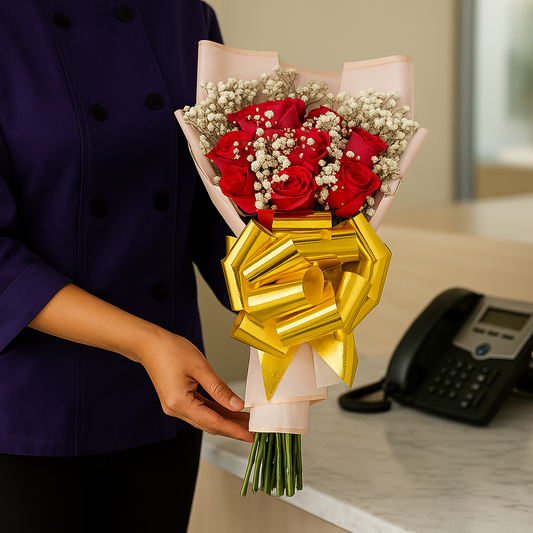 Gesture con encanto - Rosas Rojas Clásicas y Babyás Breath Bouquet