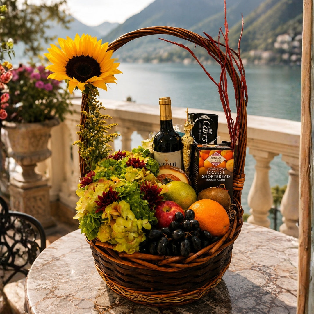 Charming Harvest – Canasta con Vino, Frutas y Flores