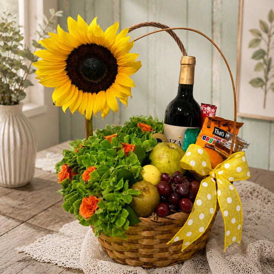 Charming Harvest – Canasta con Vino, Frutas y Flores