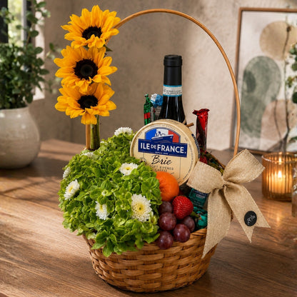 Charming Harvest – Canasta con Vino, Frutas y Flores