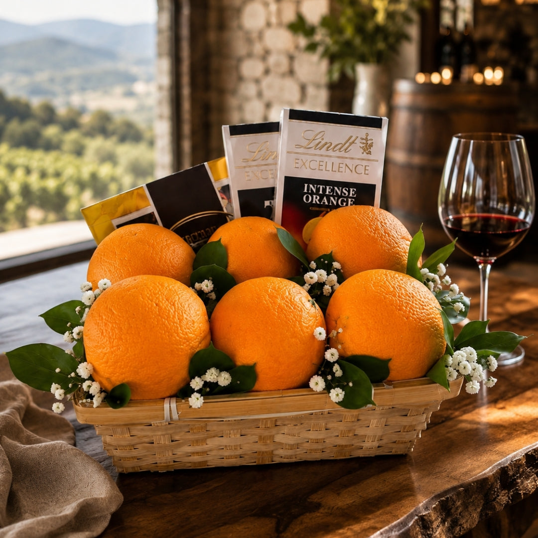 Citrus Touch – Canasta de Naranjas y Chocolates con Toque Floral