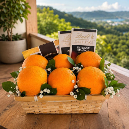 Citrus Touch – Canasta de Naranjas y Chocolates con Toque Floral