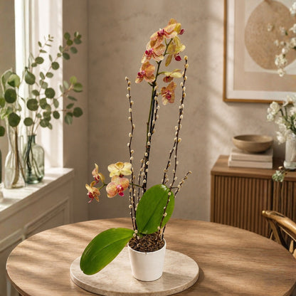 Classic Orchid – White Orchid with Pussy Willow in Elegant Base