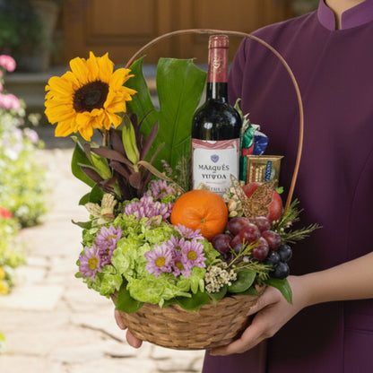 Charming Harvest – Basket with Wine, Fruits & Flowers