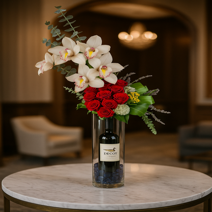 Enchanted Wine – Arrangement with Cymbidium Orchids, Roses & Wine
