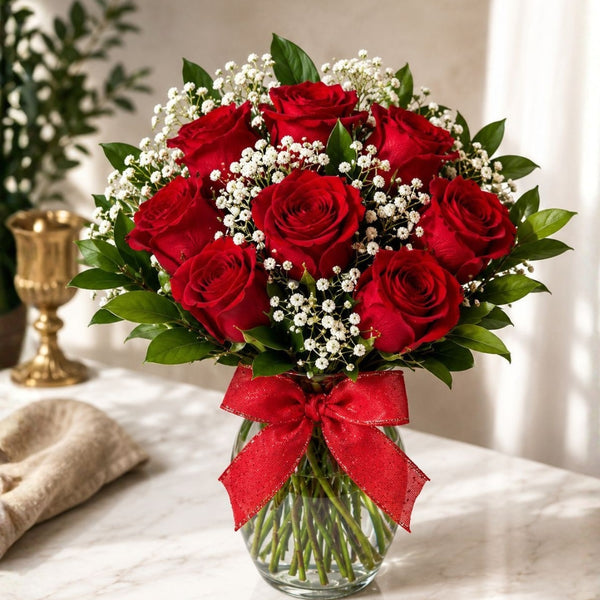 Endless Love in Glass - Roses & Crystal Vase with Foliage