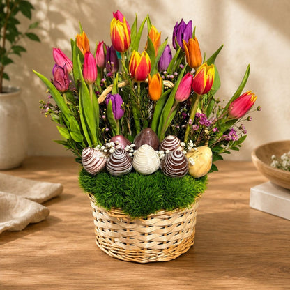 Forbidden Bloom – Tulips & Chocolate-Covered Strawberries Basket