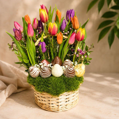 Forbidden Bloom – Tulips & Chocolate-Covered Strawberries Basket
