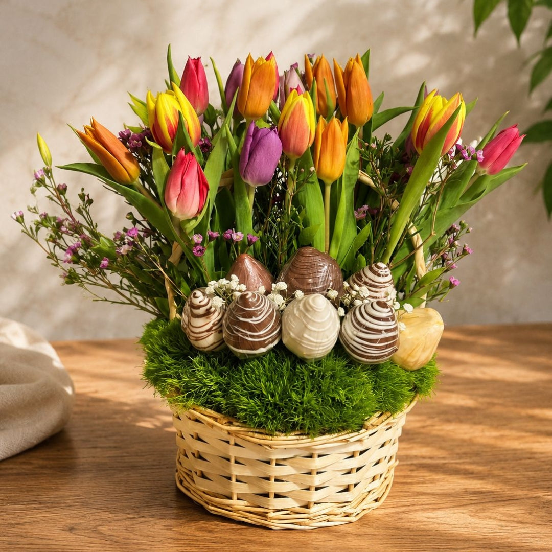 Forbidden Bloom – Tulips & Chocolate-Covered Strawberries Basket