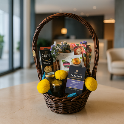 Gourmet Welcome Basket – Tea, Treats & Floral Touch
