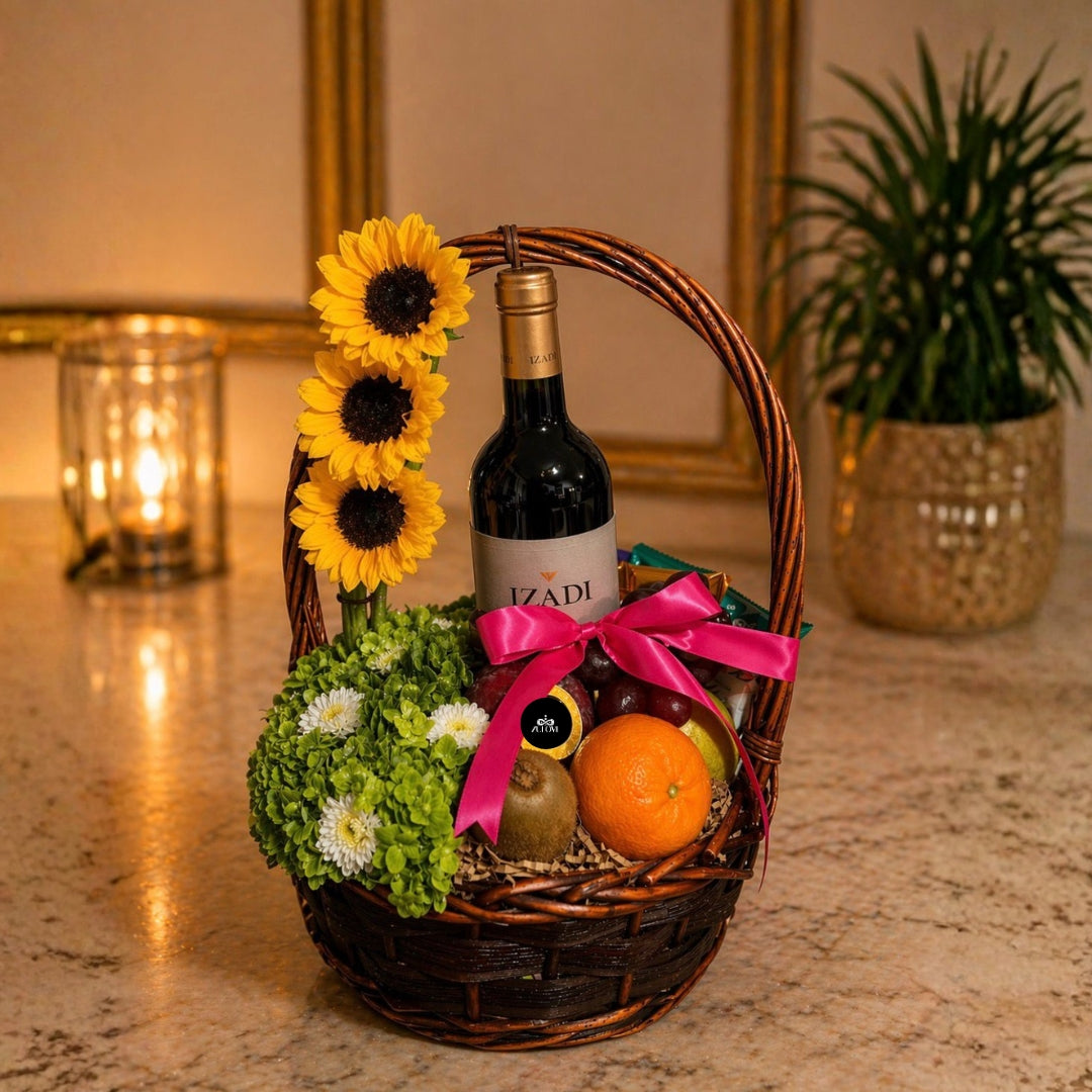 Charming Harvest – Canasta con Vino, Frutas y Flores