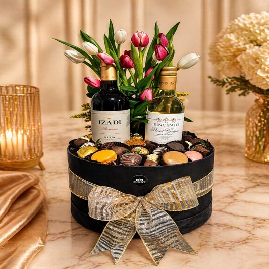 Golden Grace – Caja de Regalo con Vino, Tulipanes y Chocolates