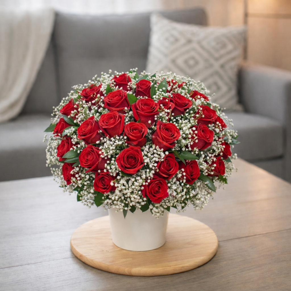 Pure Sentiment – Roses in White Vase