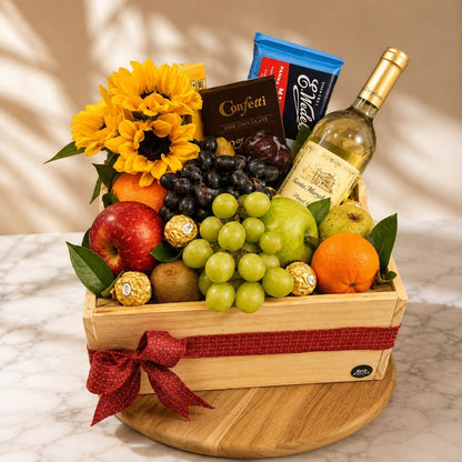 Joyful Box – Caja de Madera con Vino, Frutas Frescas y Chocolate