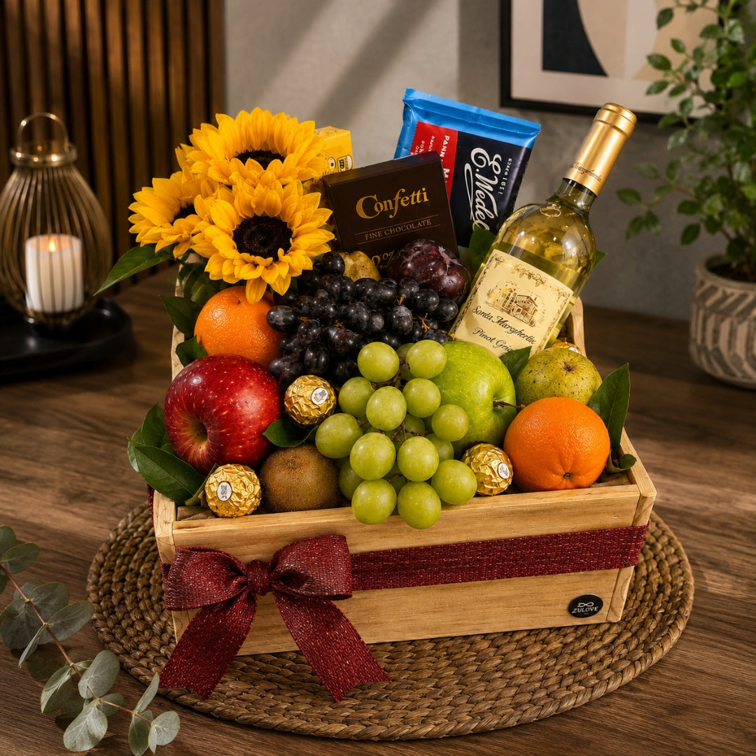 Joyful Box – Caja de Madera con Vino, Frutas Frescas y Chocolate
